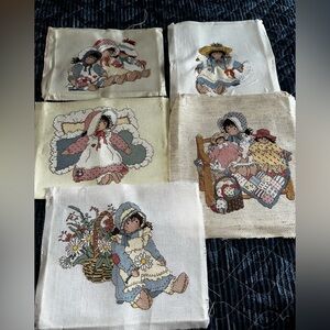 Lot 5 completed counted cross stitch pictures dolls